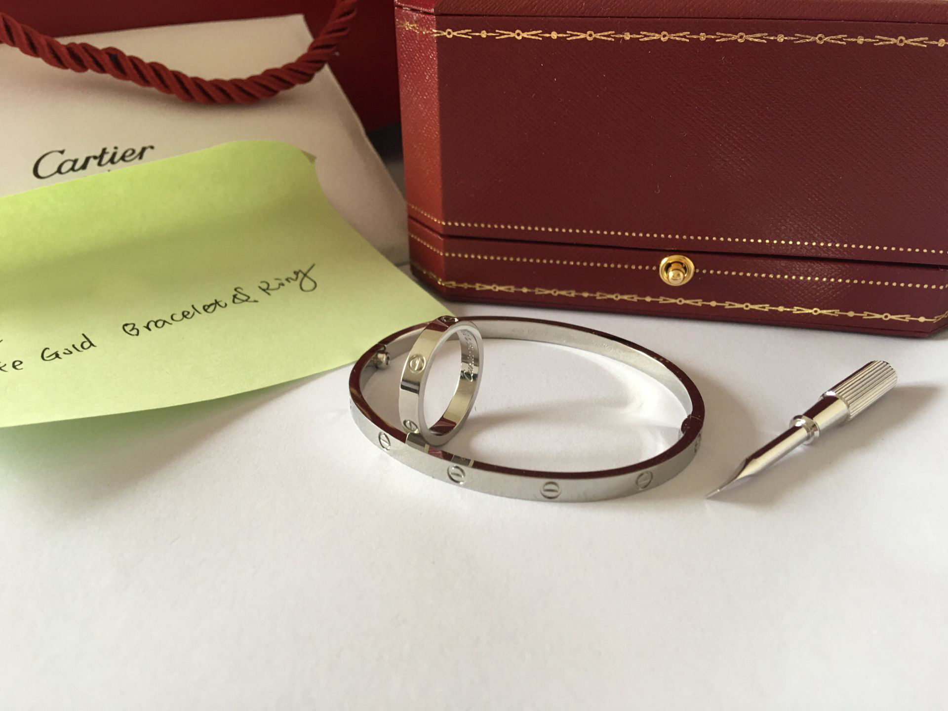 Real 11 Thin Cartier Love Bracelet & Ring Dupe White Gold HoooFashion