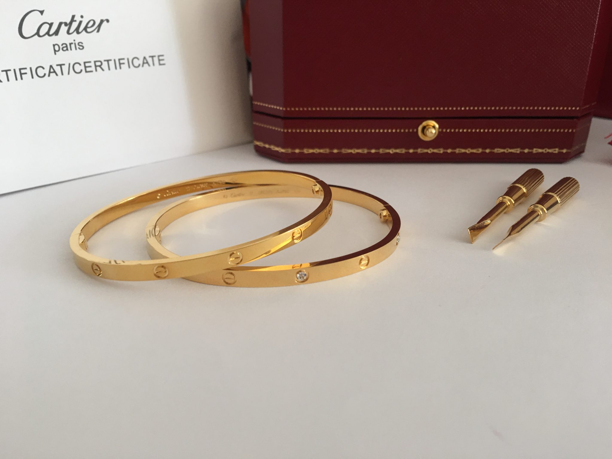 Cartier Thin Love Bracelet Diamonds yellow gold, pink gold & white gold