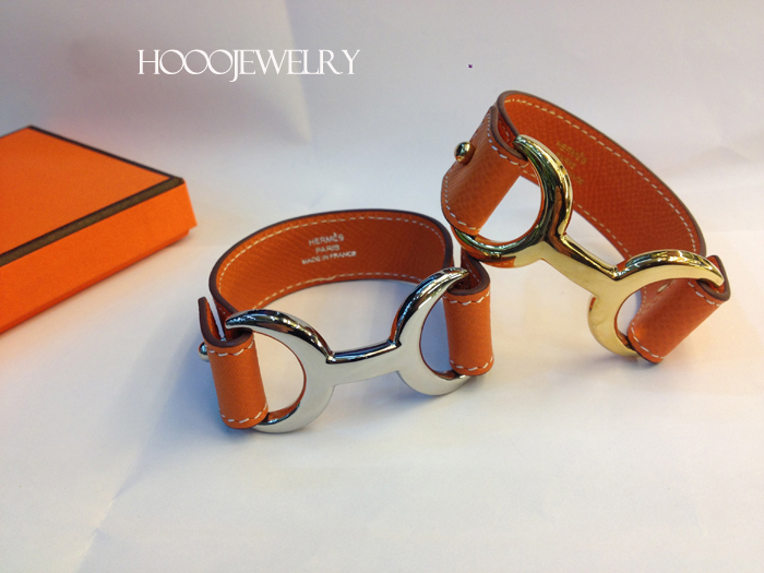 Hermes Pavane Orange Chamonix calfskin Leather bracelet with gold & silver plated