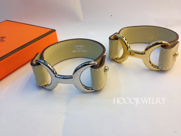Hermes Pavane Beige Chamonix calfskin Leather bracelet with gold & silver plated