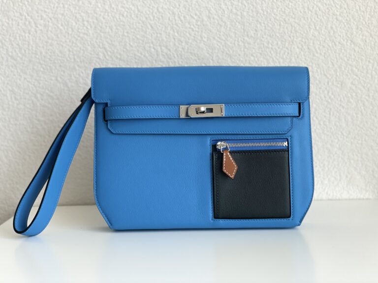 Real 1:1 Hermes Colormatic Kelly Depeches 25 Pouch Black, Bleu Hydra & Vert Amande