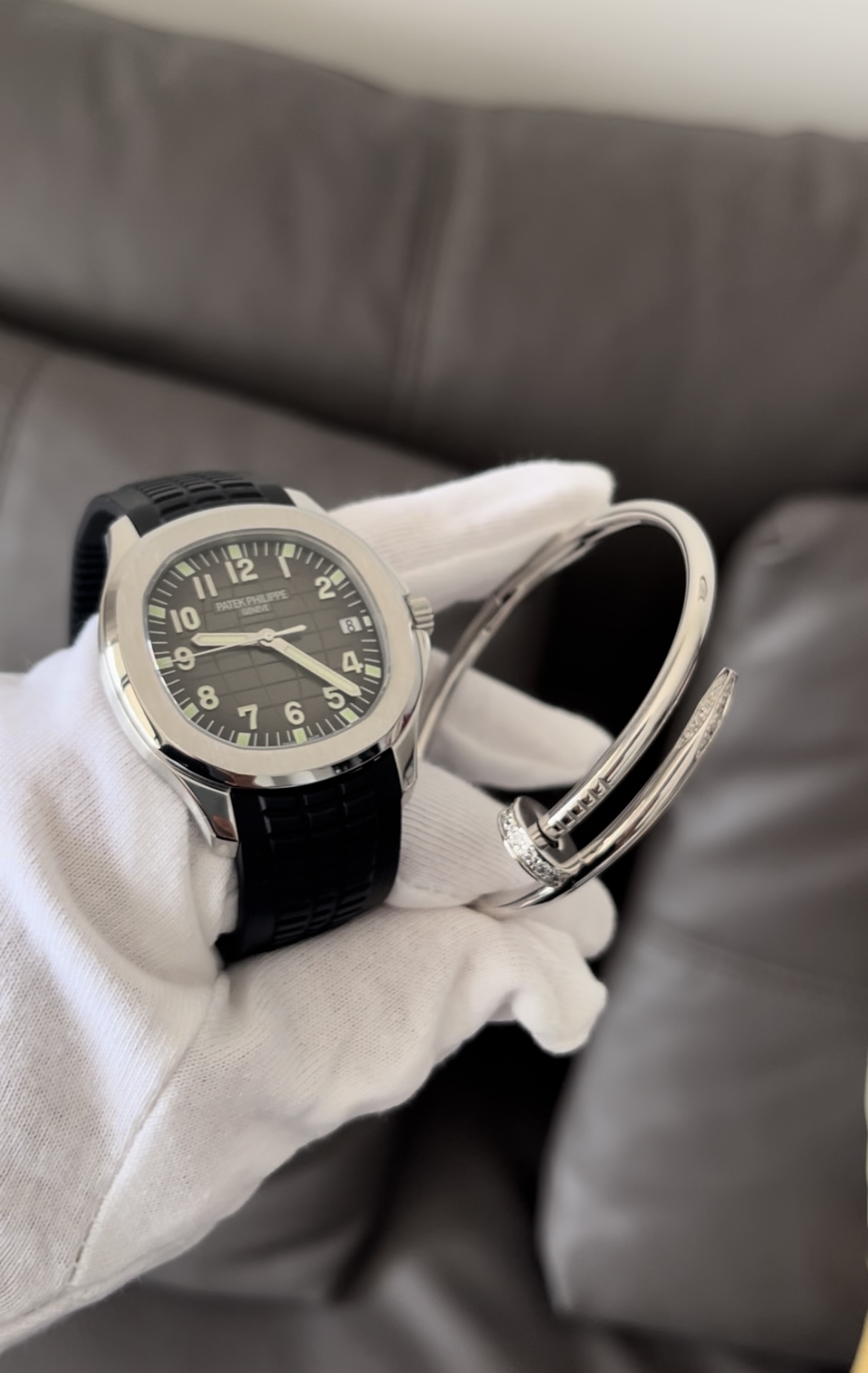 Patek Philippe Aquanaut Watches white gold 5165a and Cartier Juste un clou bracelet diamonds
