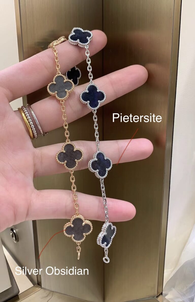 VAN CLEEF Vintage Alhambra Pietersite /white gold AND Silver Obsidian /rose gold 5 motifs bracelet& 20 motifs long necklace and 2023 VCA Holiday Pendant